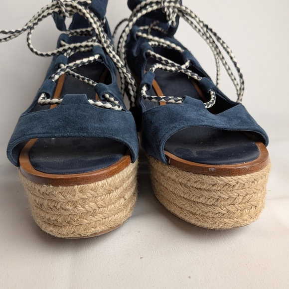 TORY BURCH Positano Suede Lace Up Platform Heel Women Sandals Size 9.5 Blue Beig - Picture 6 of 14